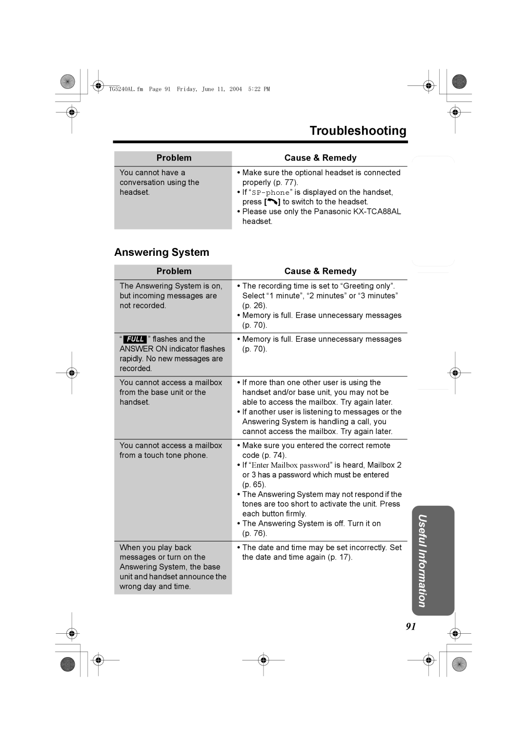 Panasonic KX-TG5240AL operating instructions Answering System, Problem 