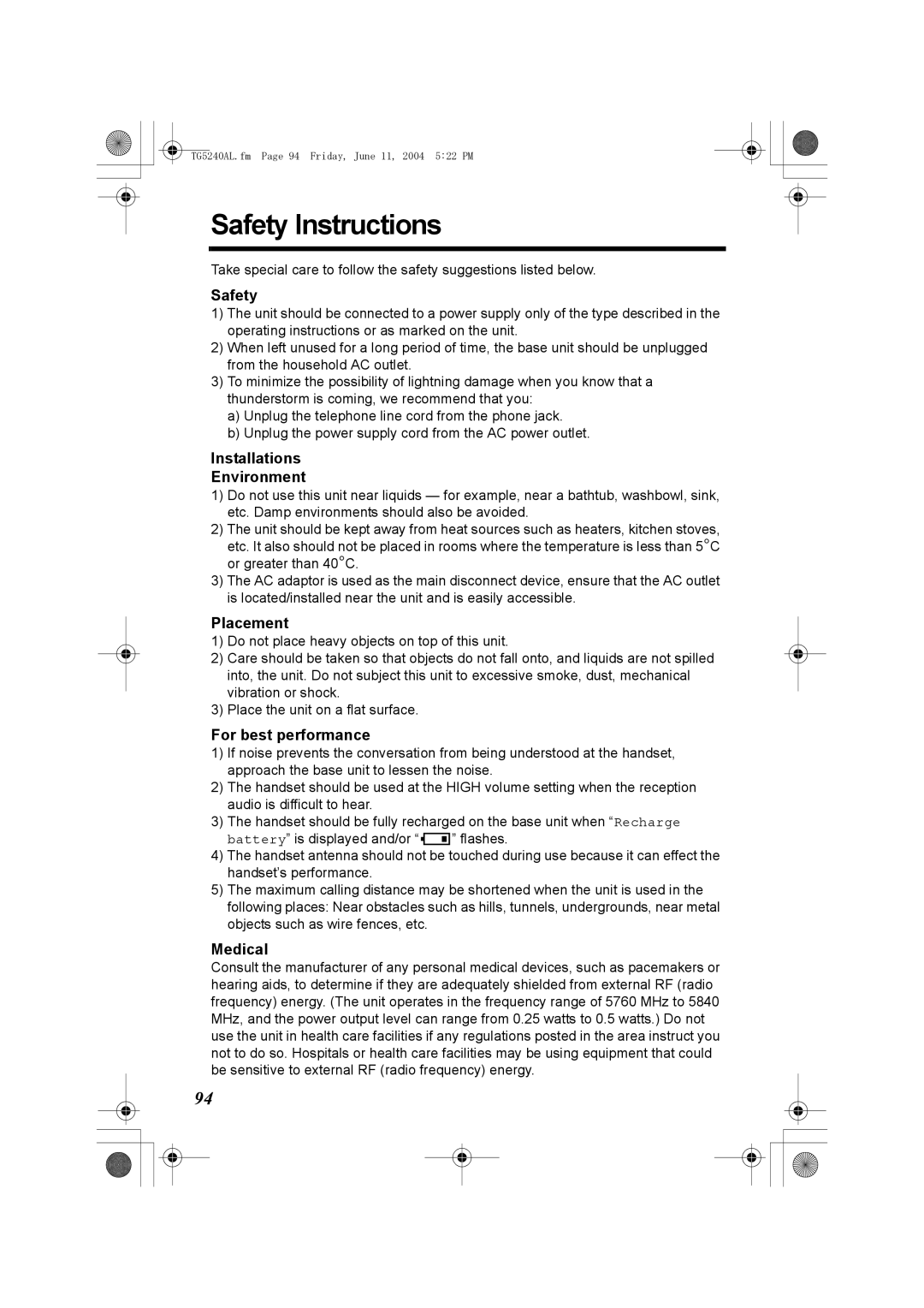 Panasonic KX-TG5240AL operating instructions Safety Instructions 