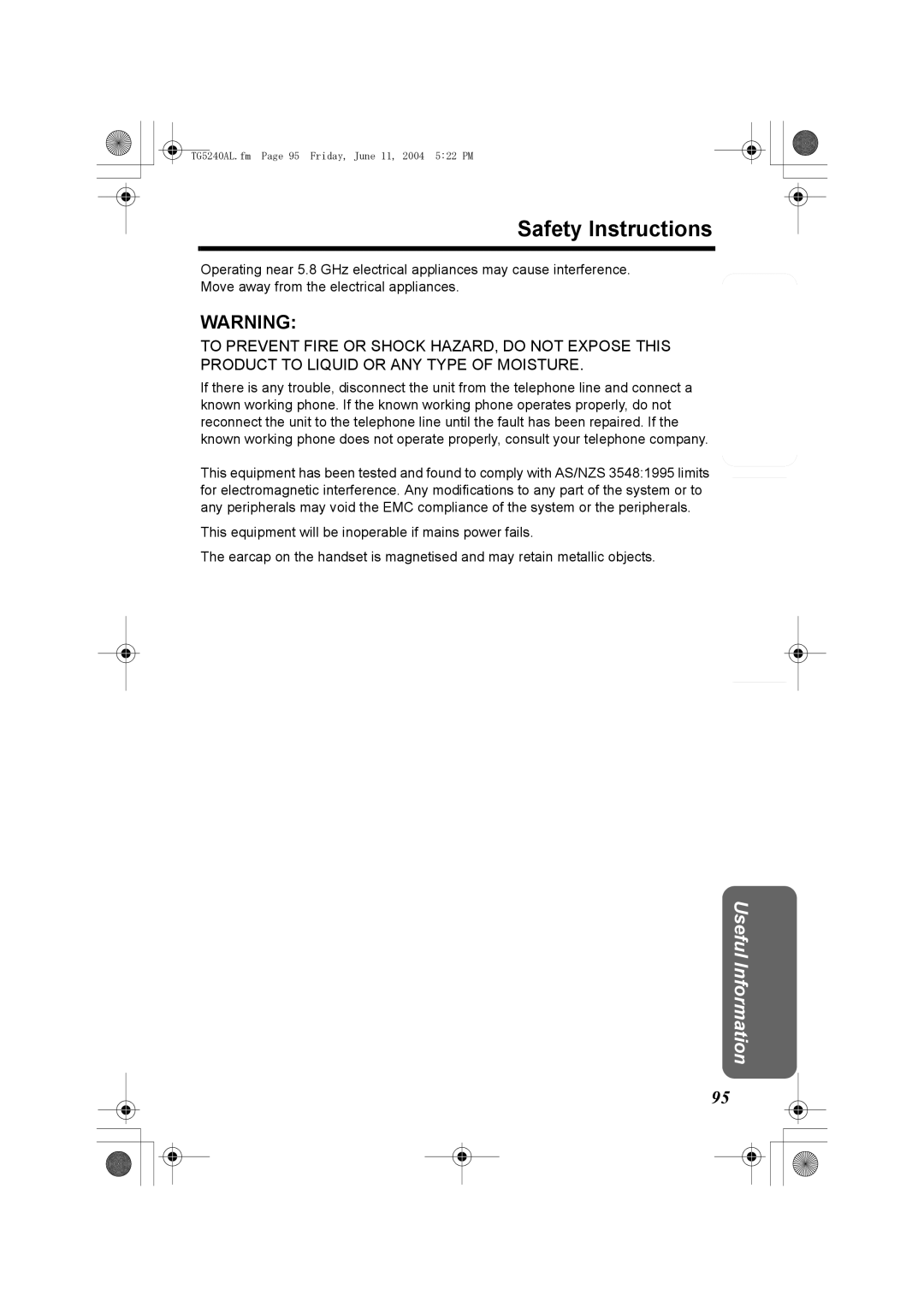 Panasonic KX-TG5240AL operating instructions Safety Instructions 