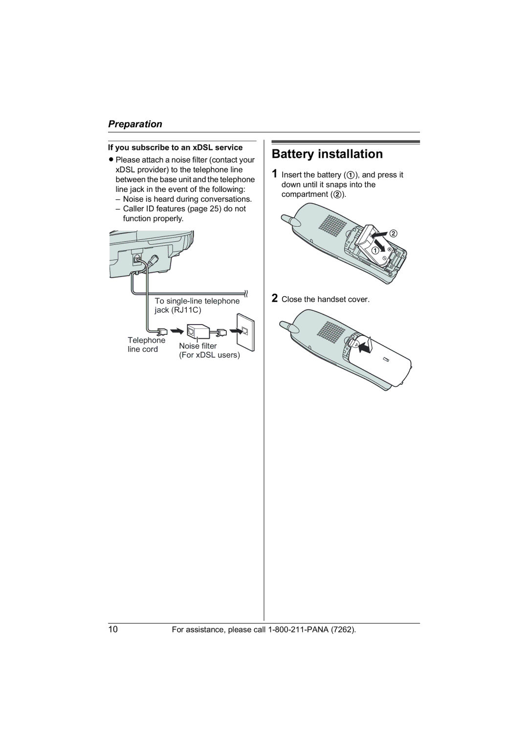 Panasonic KX-TG5422, KX-TG5421, KX-TG5423 operating instructions Battery installation, If you subscribe to an xDSL service 