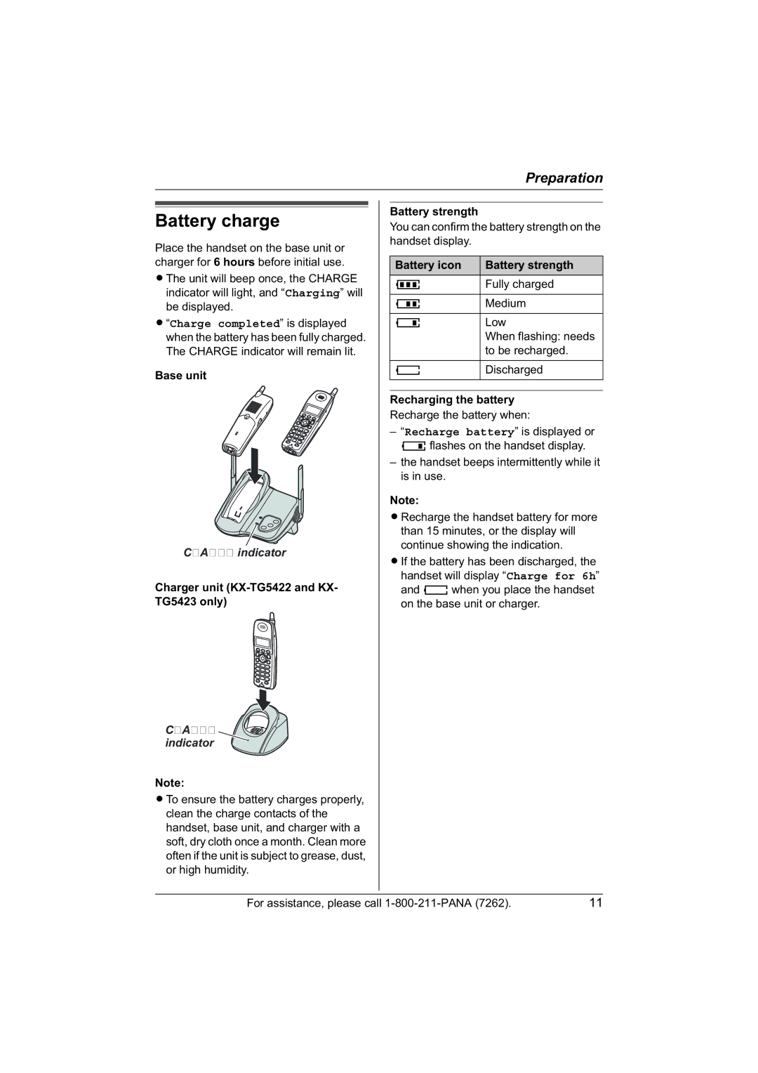 Panasonic KX-TG5423 Battery charge, Charger unit KX-TG5422 and KX- TG5423 only, Battery strength, Recharging the battery 