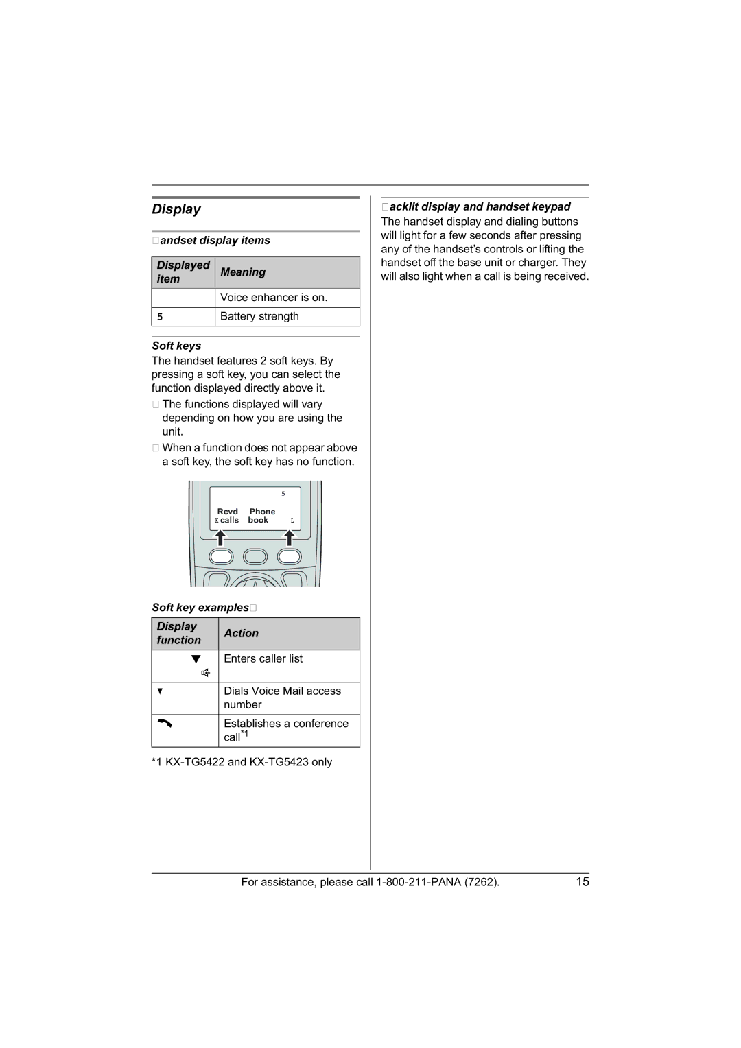 Panasonic KX-TG5421, KX-TG5422, KX-TG5423 operating instructions Display, Rcvd, Calls, Conf 