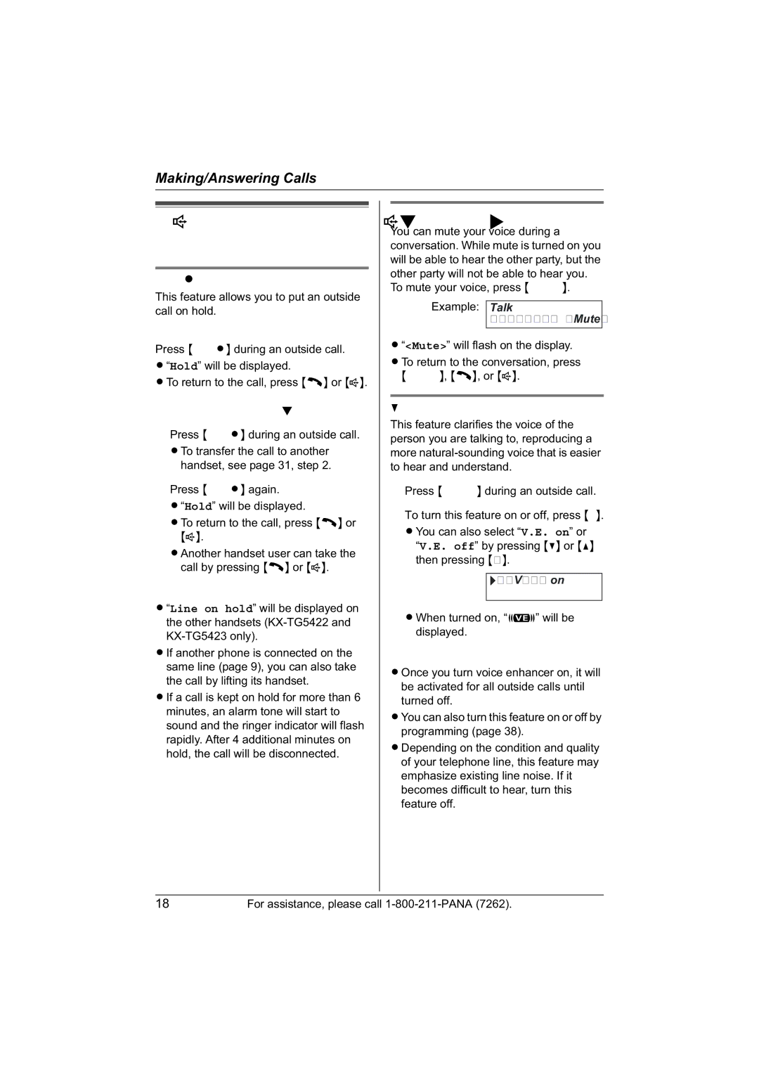 Panasonic KX-TG5421, KX-TG5422, KX-TG5423 Useful features during a call, Hold button, Mute button, Voice enhancer 