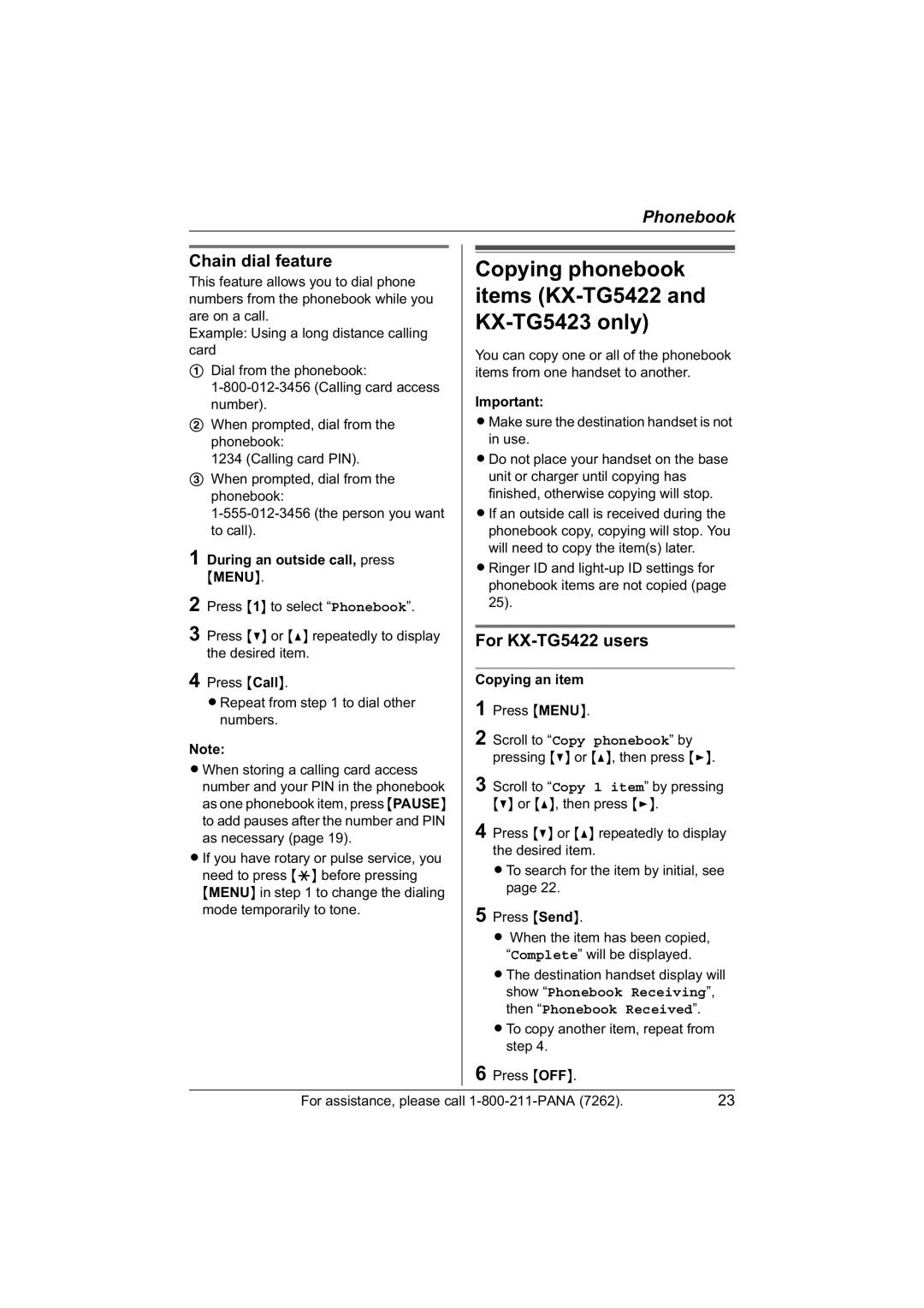 Panasonic KX-TG5421 Copying phonebook, Items KX-TG5422, KX-TG5423 only, Chain dial feature, For KX-TG5422 users 