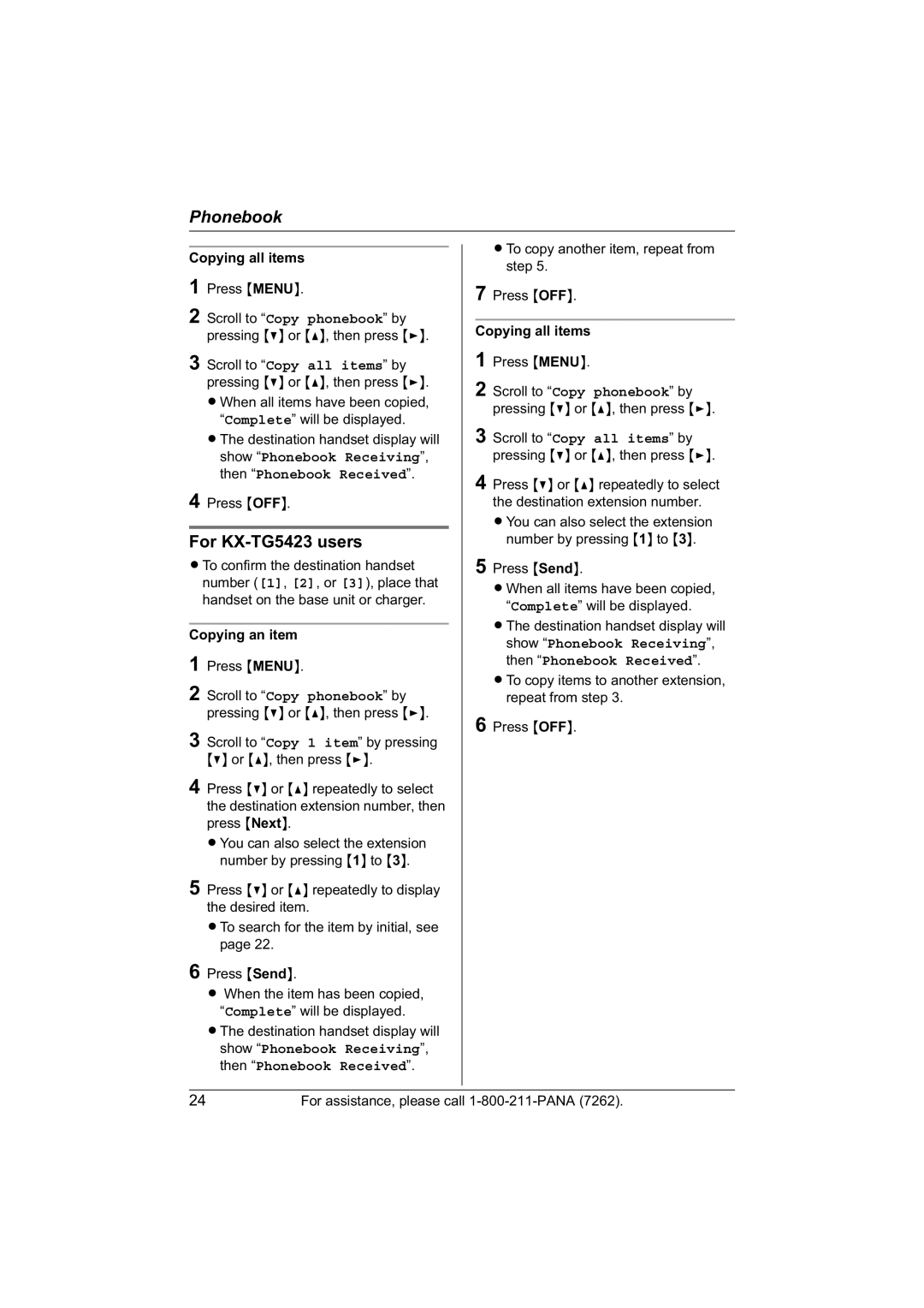 Panasonic KX-TG5421, KX-TG5422 operating instructions For KX-TG5423 users, Copying all items 