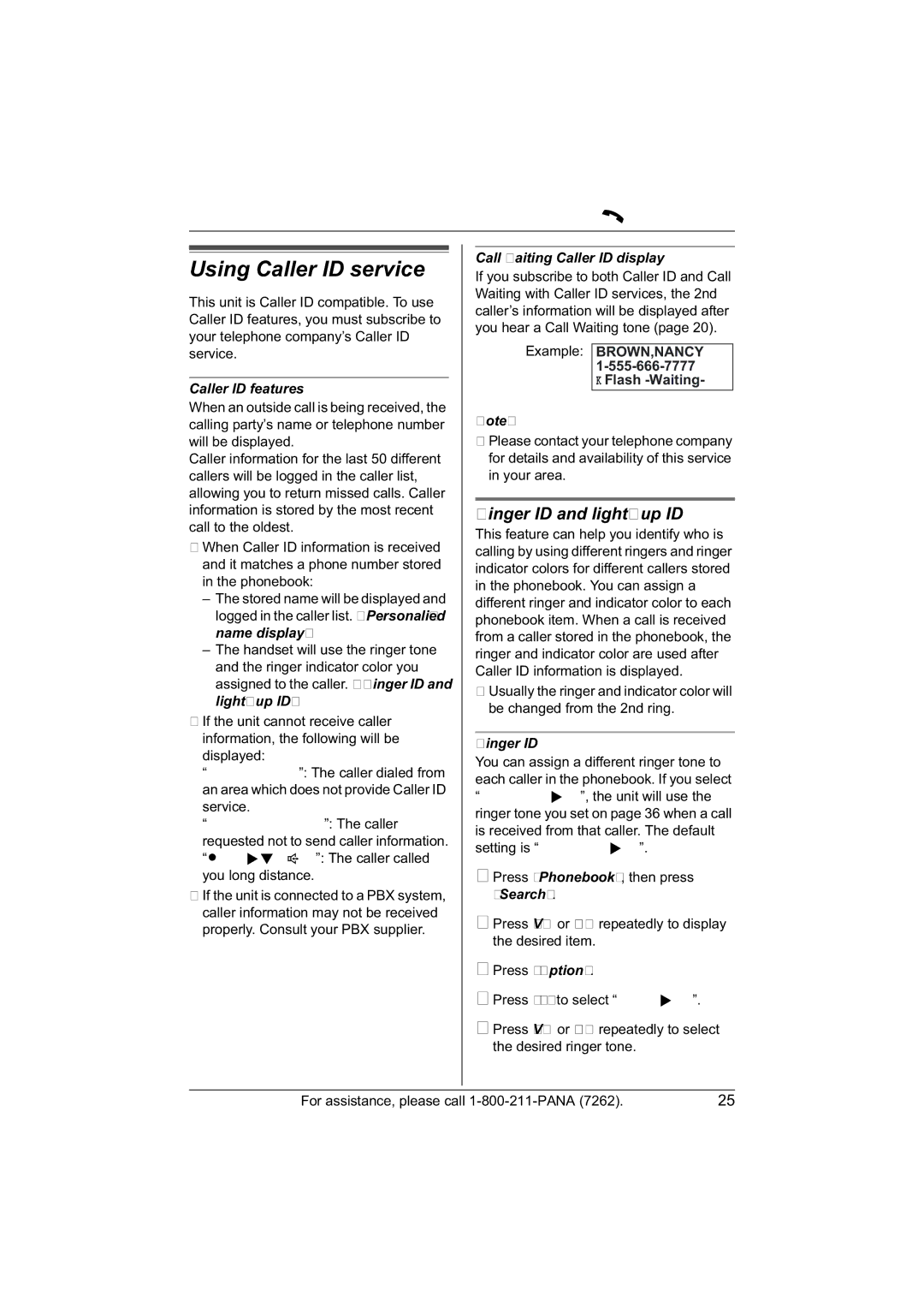 Panasonic KX-TG5422, KX-TG5421 Using Caller ID service, Ringer ID and light-up ID, Example BROWN,NANCY KFlash -Waiting 