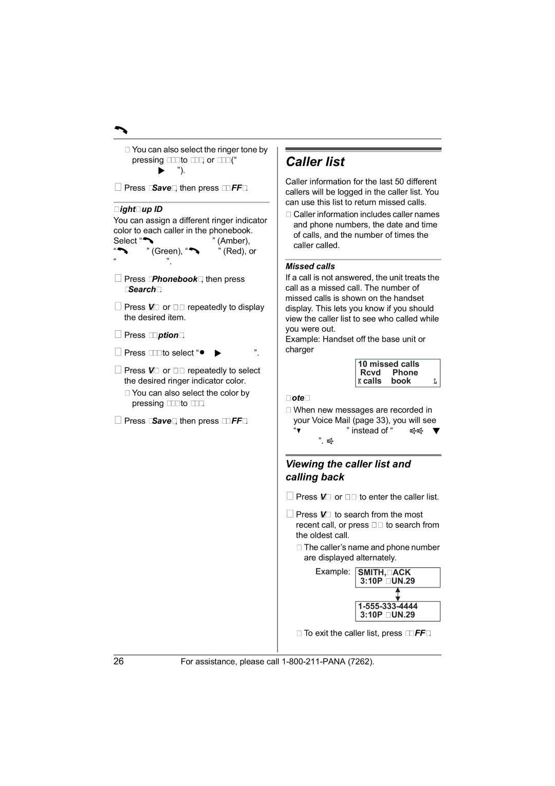 Panasonic KX-TG5423 Caller list, Viewing the caller list and calling back, Missed Calls Rcvd Phone Kcalls Book L 