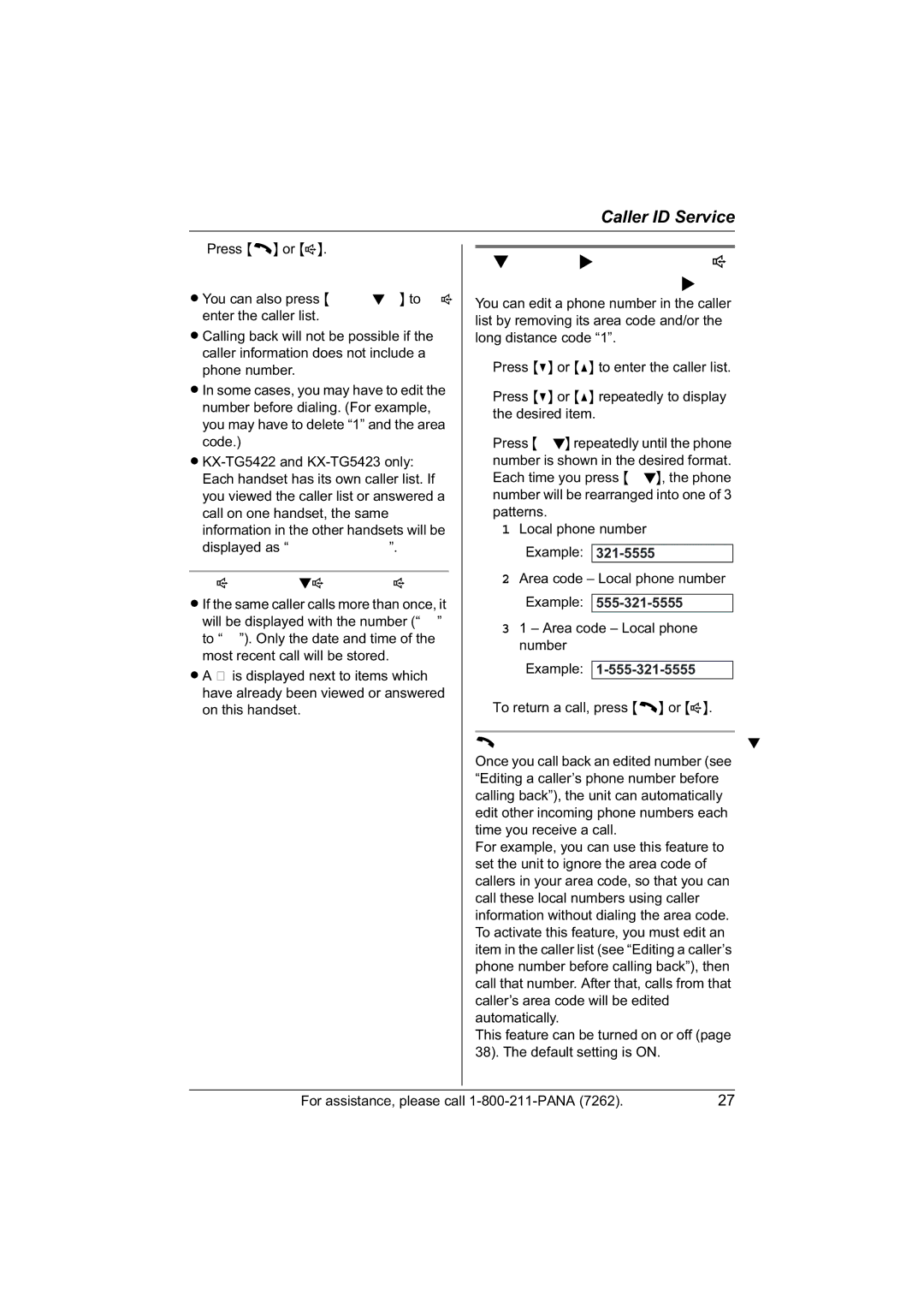 Panasonic KX-TG5421, KX-TG5422, KX-TG5423 Editing a caller’s phone number before calling back, Displayed symbols, Example 