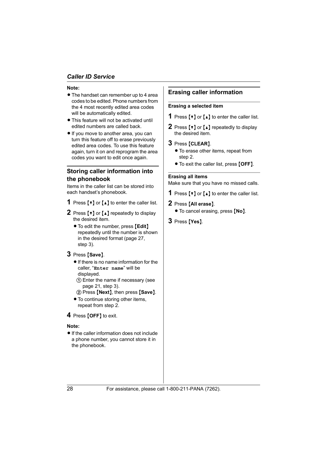 Panasonic KX-TG5422 Storing caller information into the phonebook, Erasing caller information, Erasing a selected item 