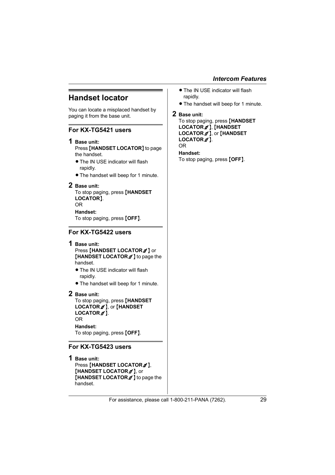 Panasonic KX-TG5423, KX-TG5422 operating instructions Handset locator, For KX-TG5421 users 