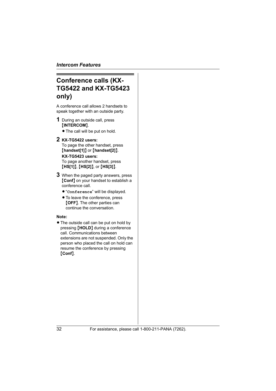 Panasonic KX-TG5421, KX-TG5422 operating instructions Conference calls KX- TG5422 and KX-TG5423 only 