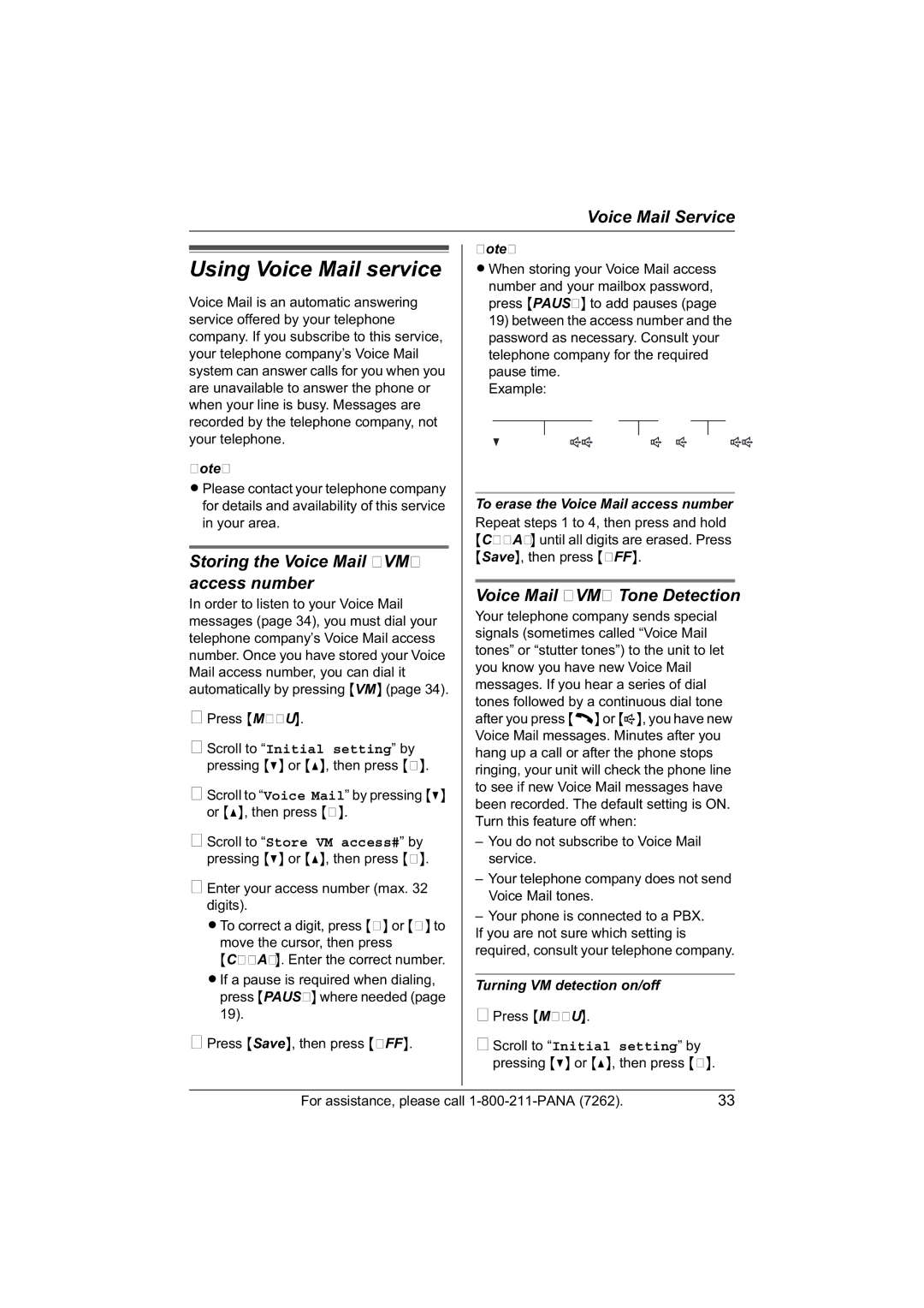 Panasonic KX-TG5421 Using Voice Mail service, Storing the Voice Mail VM access number, Voice Mail VM Tone Detection 