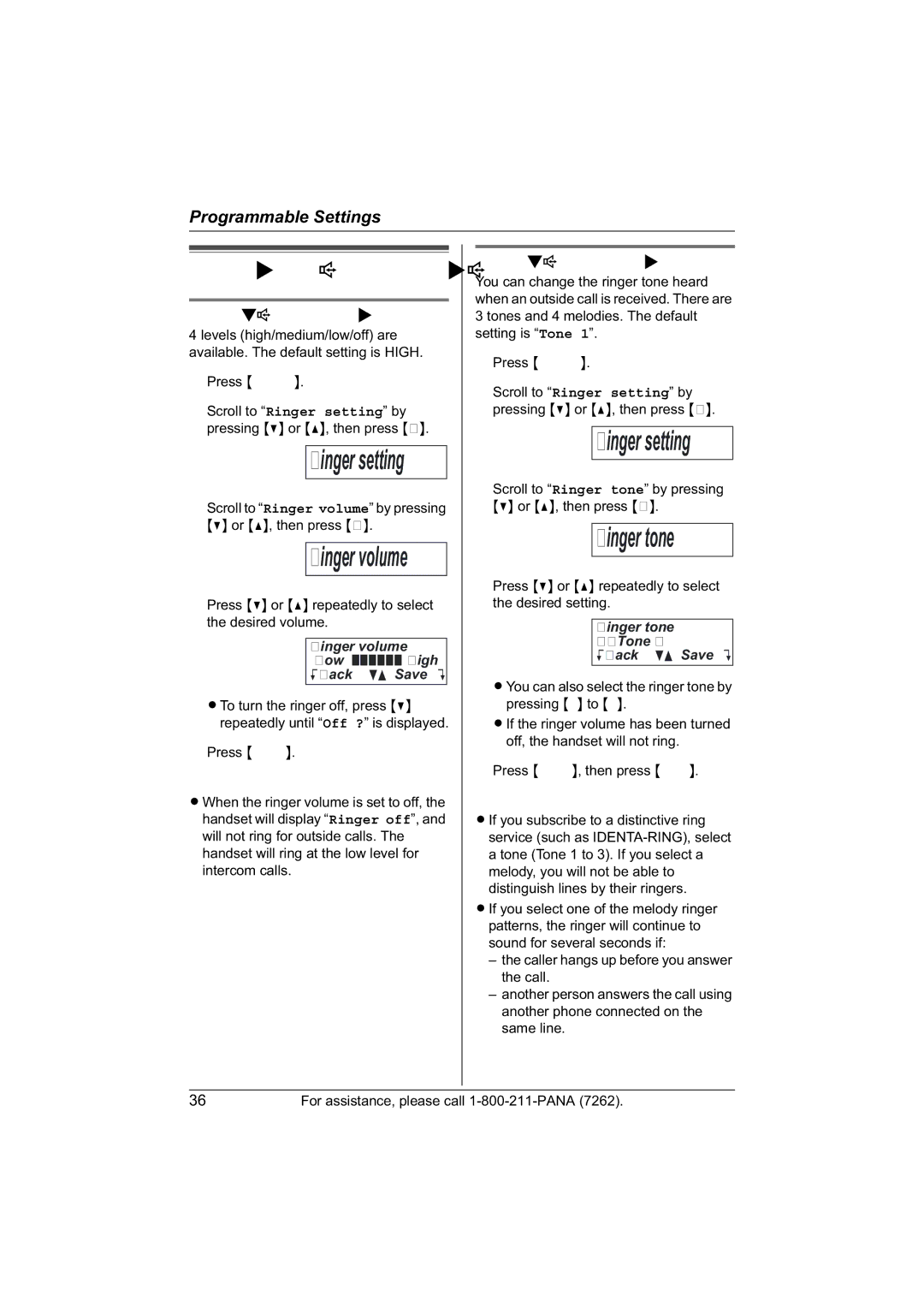 Panasonic KX-TG5421 Ringer settings, Handset ringer volume, Handset ringer tone, Ringer volume Low High KBack dB SaveL 