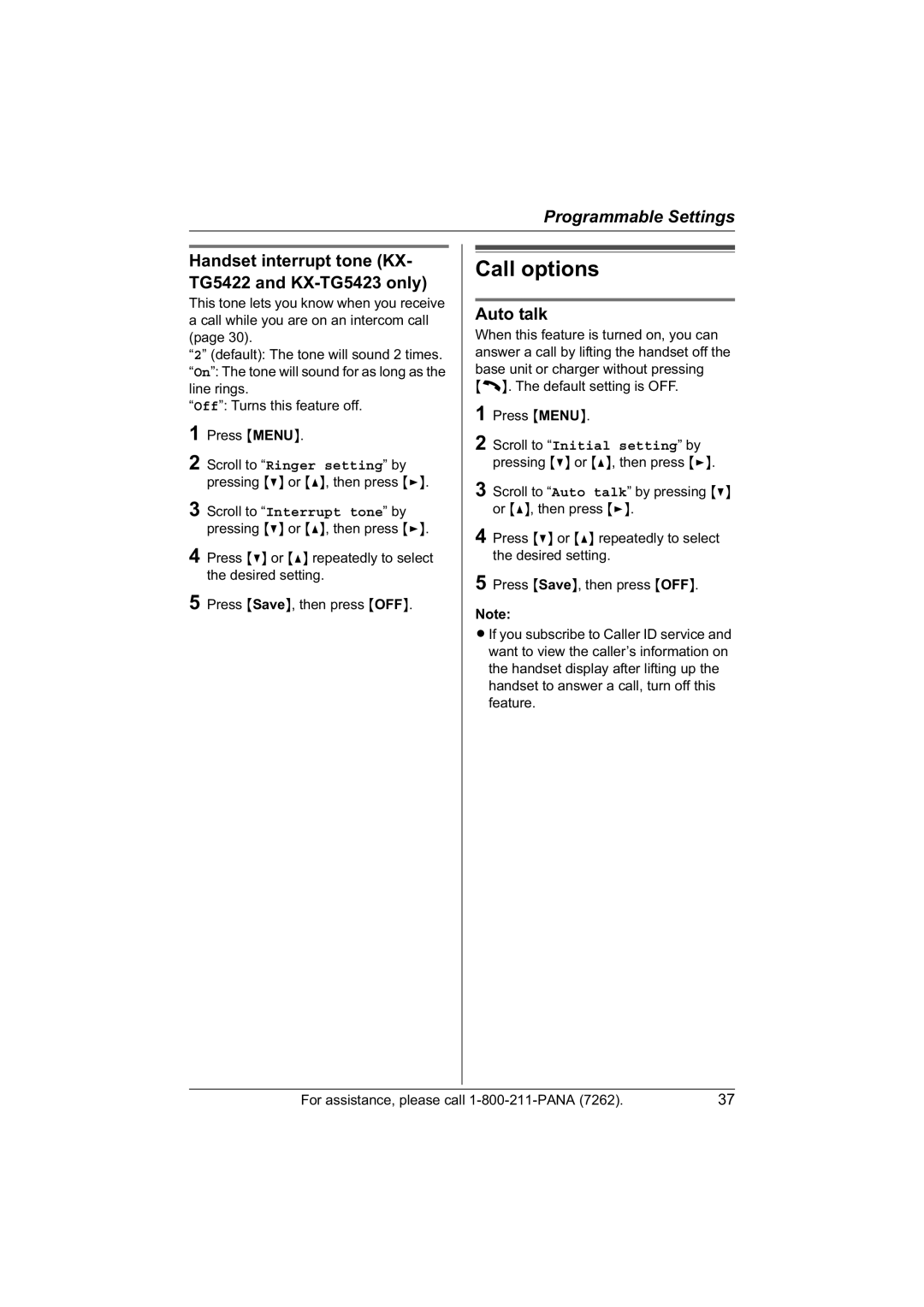 Panasonic KX-TG5422, KX-TG5421 Call options, Handset interrupt tone KX- TG5422 and KX-TG5423 only, Auto talk 