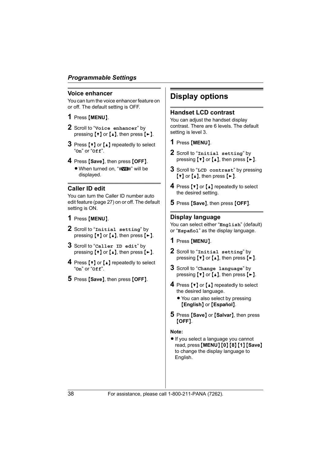 Panasonic KX-TG5423, KX-TG5421, KX-TG5422 Display options, Caller ID edit, Handset LCD contrast, Display language 