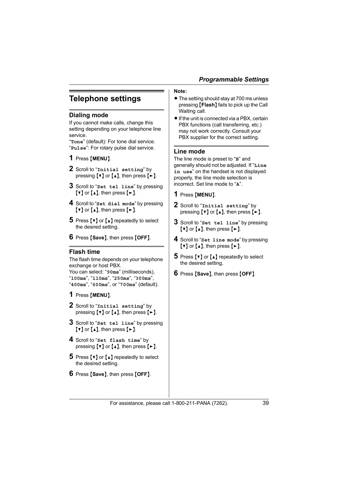 Panasonic KX-TG5421, KX-TG5422, KX-TG5423 operating instructions Telephone settings, Dialing mode, Flash time, Line mode 