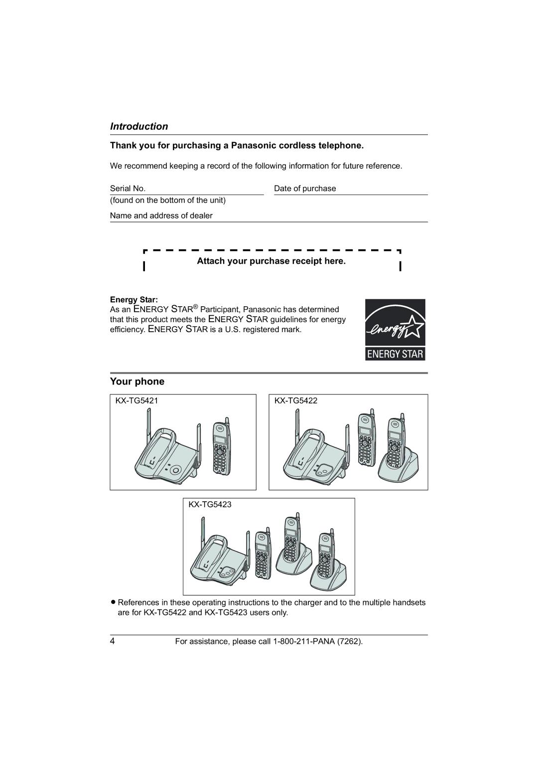 Panasonic KX-TG5422, KX-TG5421, KX-TG5423 operating instructions Your phone, Energy Star 