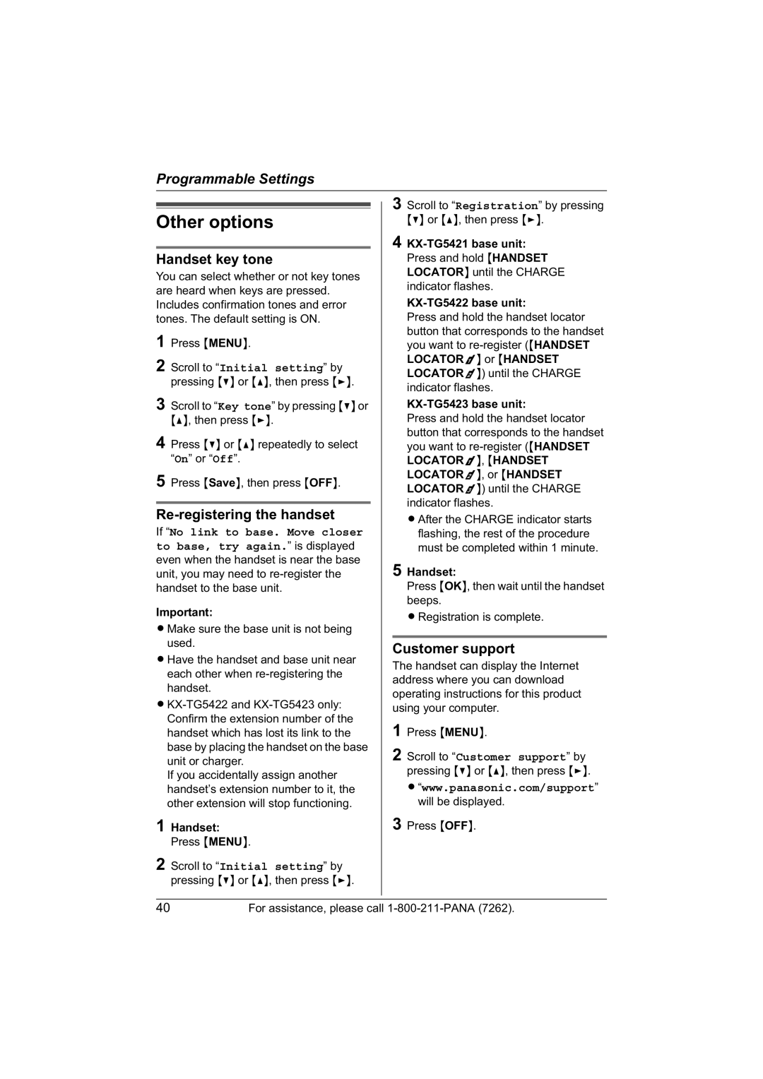Panasonic KX-TG5422, KX-TG5421, KX-TG5423 Other options, Handset key tone, Re-registering the handset, Customer support 