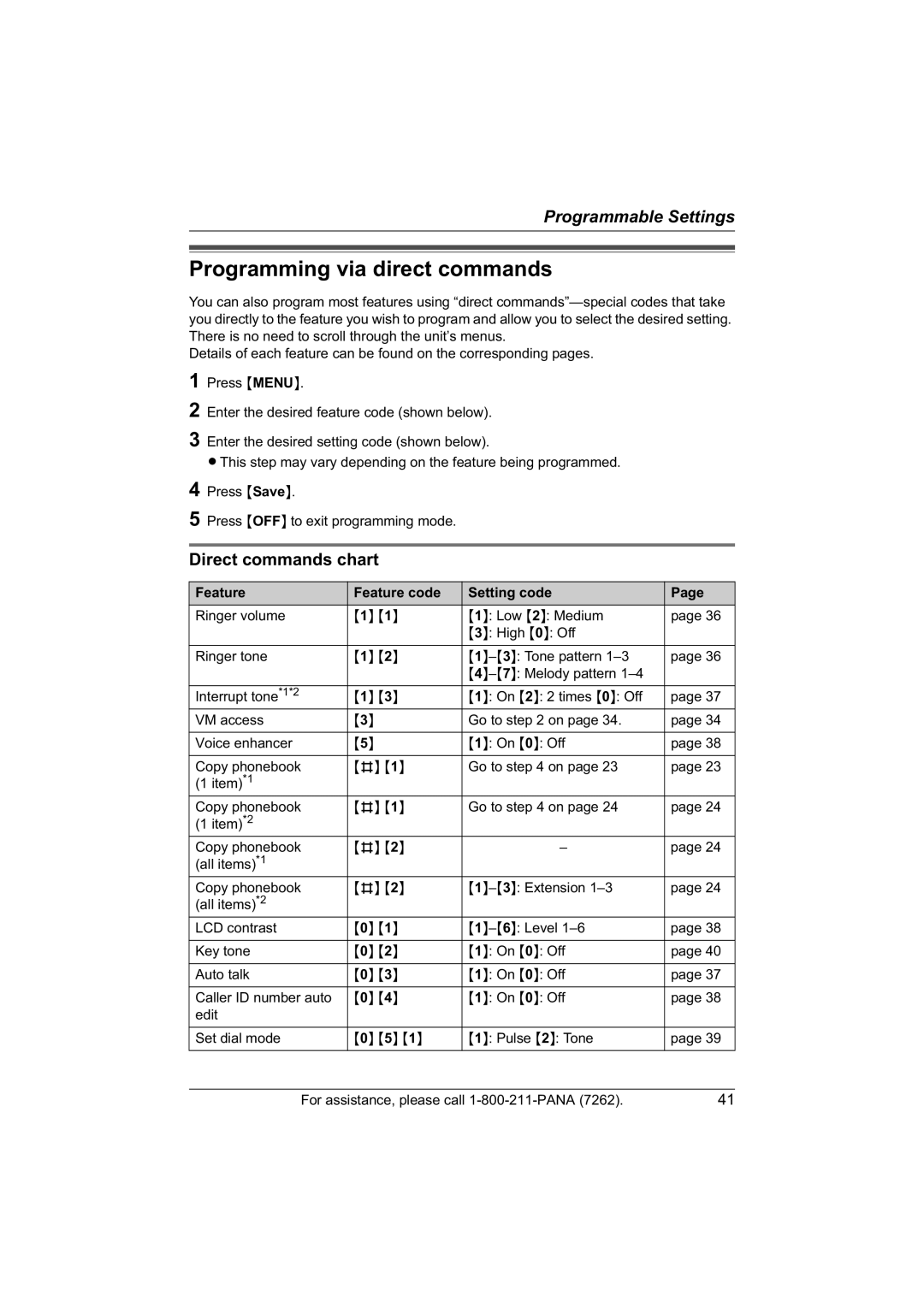 Panasonic KX-TG5423, KX-TG5421 Programming via direct commands, Direct commands chart, Feature Feature code Setting code 