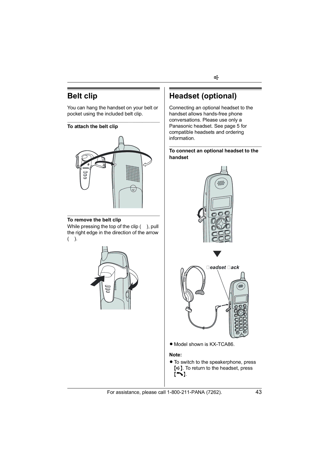 Panasonic KX-TG5422, KX-TG5421, KX-TG5423 Belt clip, Headset optional, To attach the belt clip To remove the belt clip 