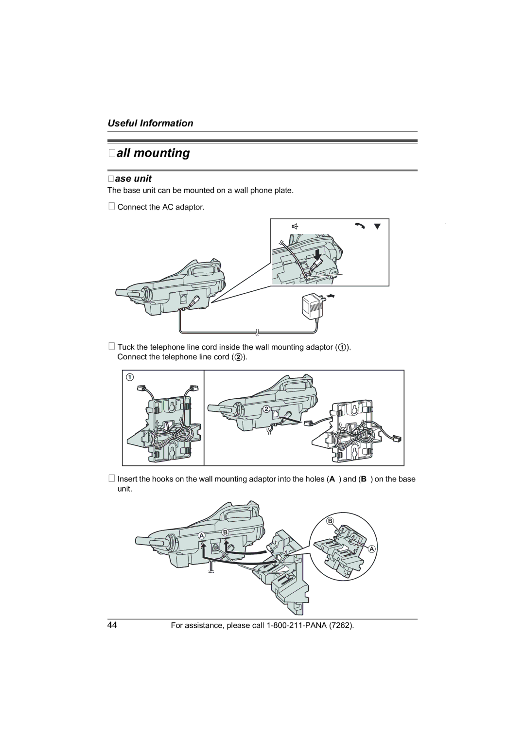 Panasonic KX-TG5423, KX-TG5421, KX-TG5422 operating instructions Wall mounting, Base unit 