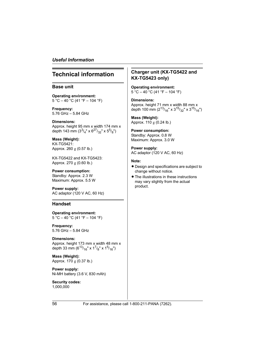 Panasonic KX-TG5423, KX-TG5421, KX-TG5422 operating instructions Technical information, Handset 