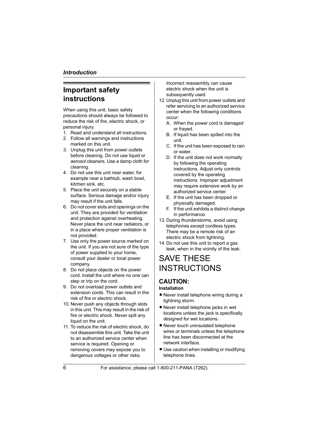 Panasonic KX-TG5421, KX-TG5422, KX-TG5423 operating instructions Important safety instructions, Installation 