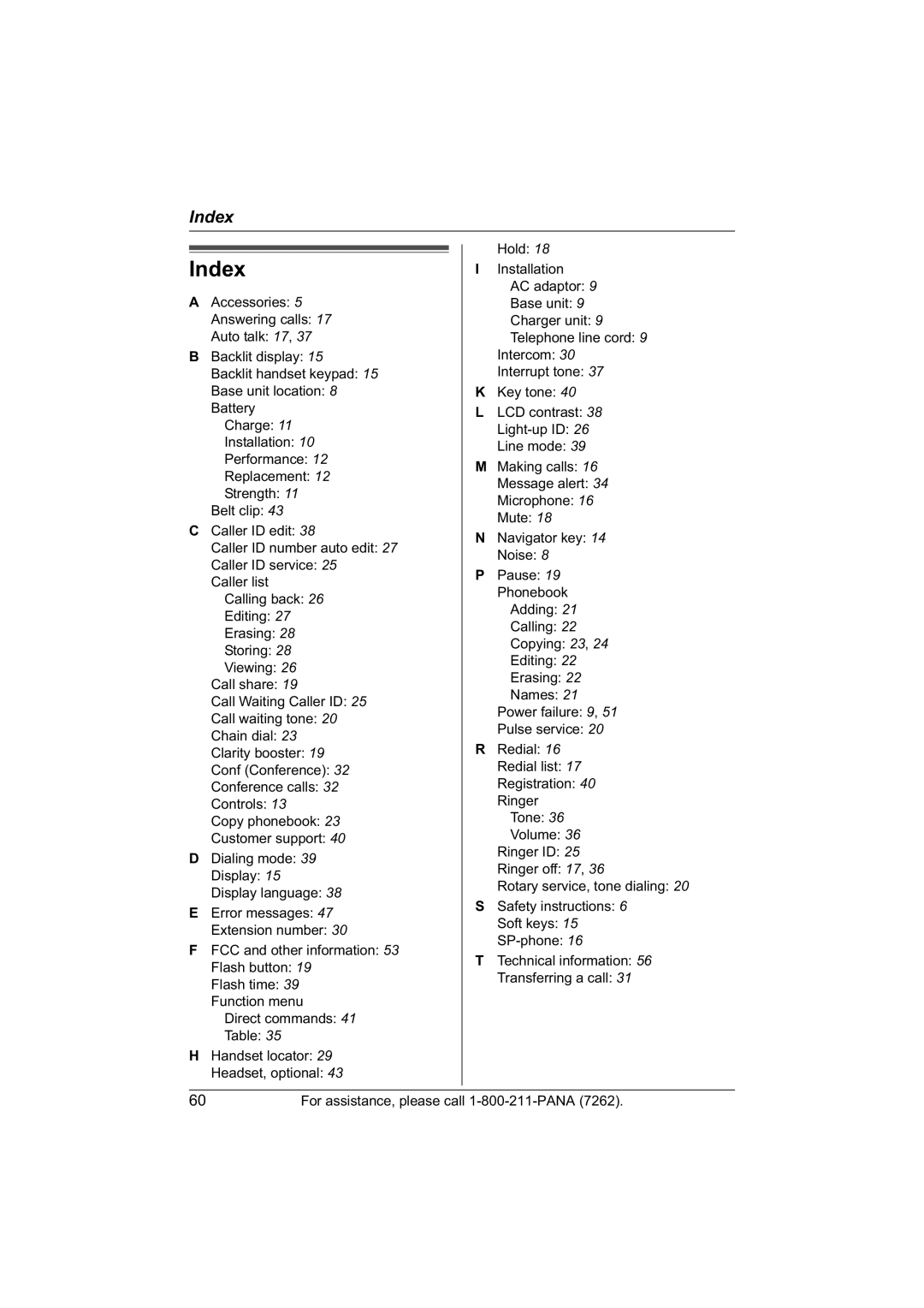 Panasonic KX-TG5421, KX-TG5422, KX-TG5423 operating instructions Index 