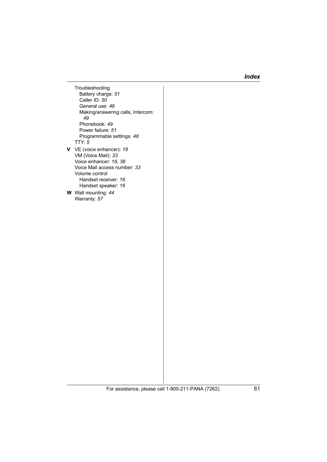 Panasonic KX-TG5422, KX-TG5421, KX-TG5423 operating instructions Index 