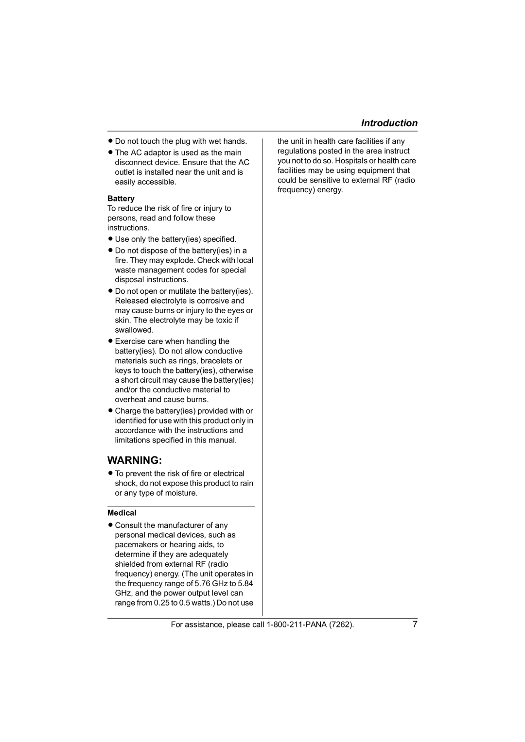 Panasonic KX-TG5422, KX-TG5421, KX-TG5423 operating instructions Battery, Medical 