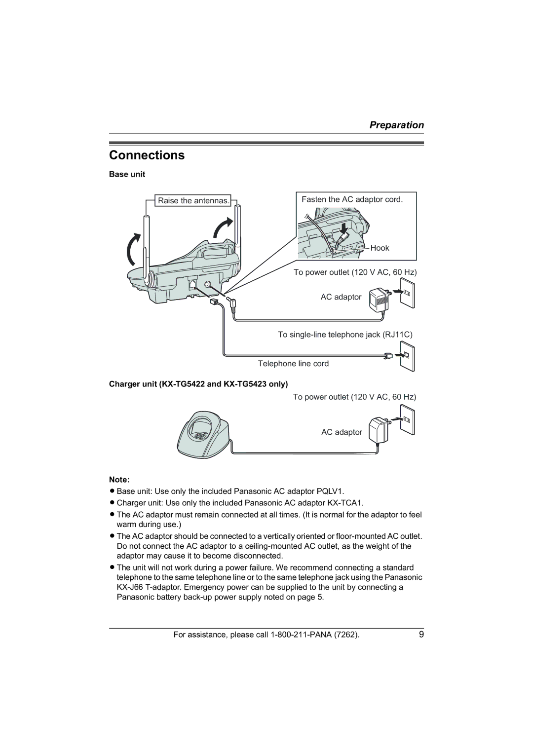 Panasonic KX-TG5421 operating instructions Connections, Base unit, Charger unit KX-TG5422 and KX-TG5423 only 