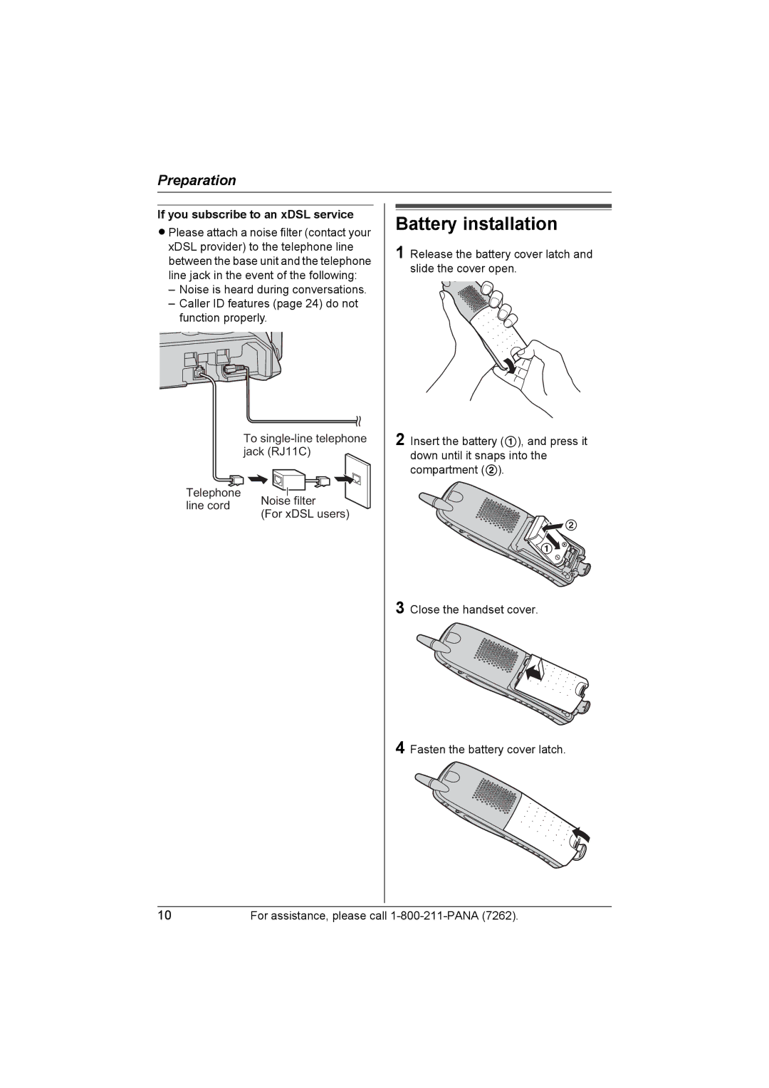 Panasonic KX-TG5428 operating instructions Battery installation, If you subscribe to an xDSL service 