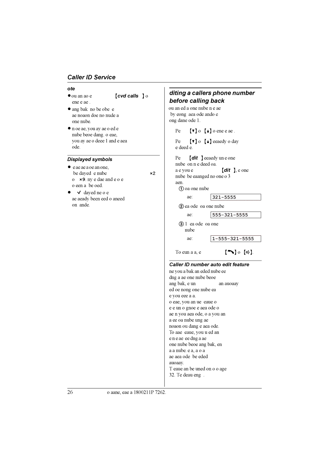 Panasonic KX-TG5428 operating instructions Editing a caller’s phone number before calling back, Displayed symbols, Example 