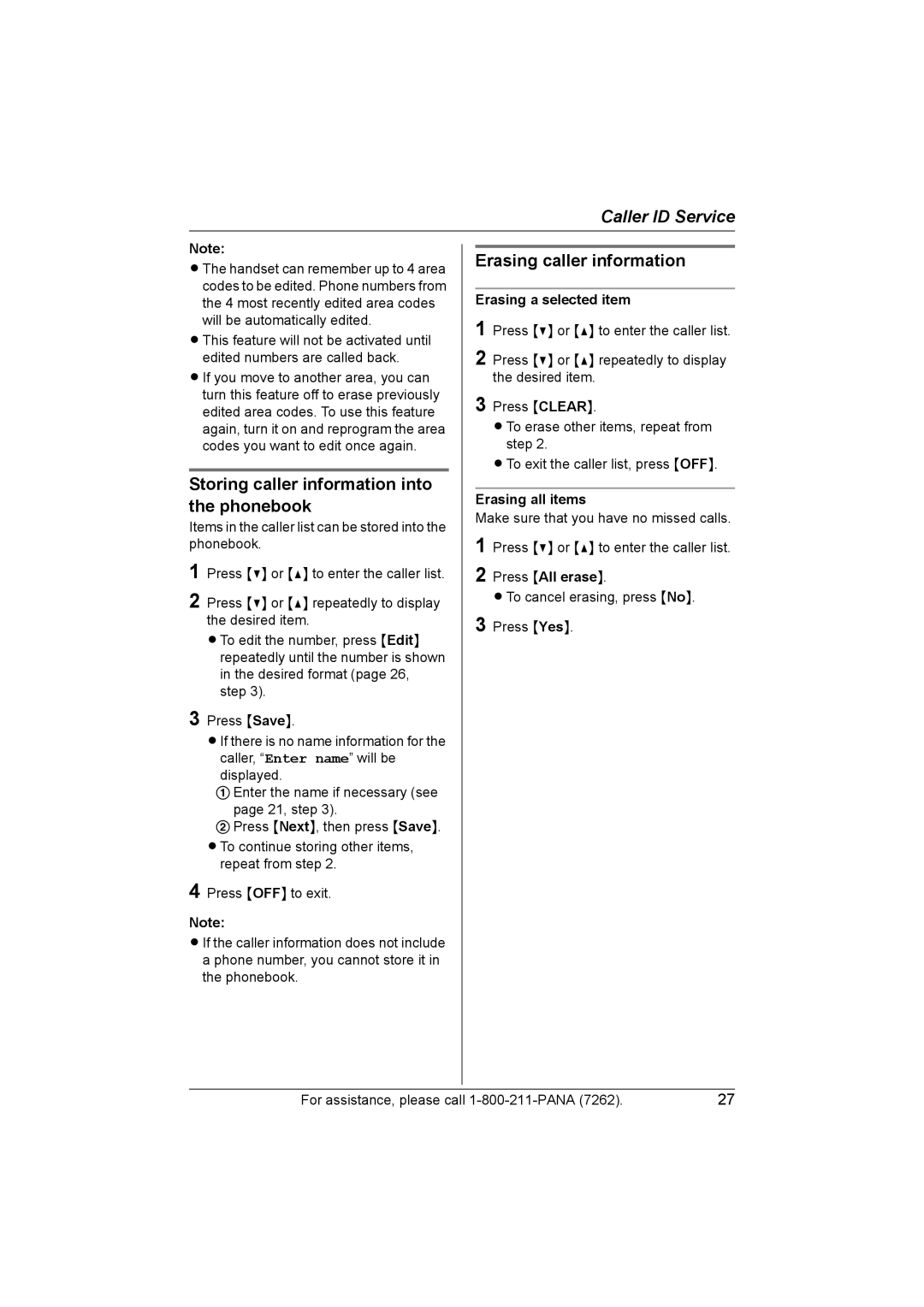 Panasonic KX-TG5428 Storing caller information into the phonebook, Erasing caller information, Erasing a selected item 