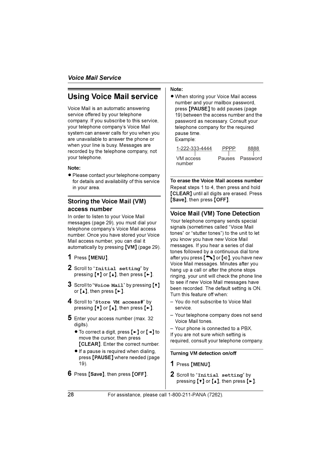 Panasonic KX-TG5428 Using Voice Mail service, Storing the Voice Mail VM access number, Voice Mail VM Tone Detection 