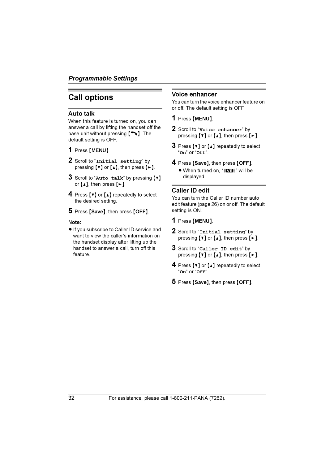 Panasonic KX-TG5428 operating instructions Call options, Auto talk, Caller ID edit 