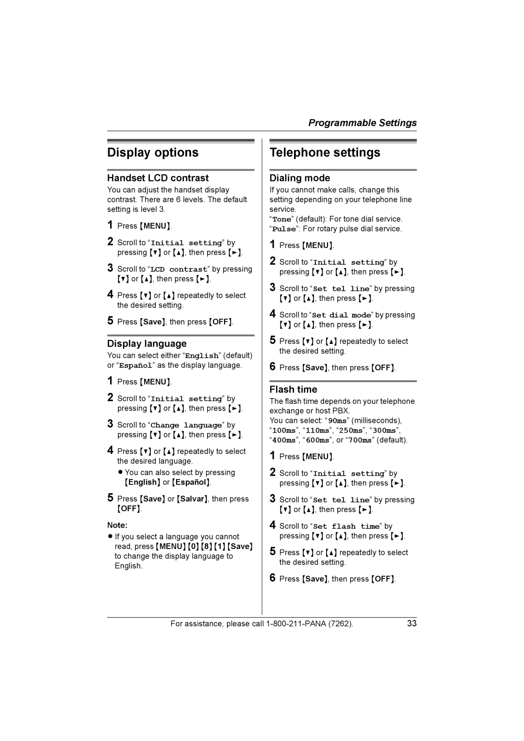 Panasonic KX-TG5428 operating instructions Display options, Telephone settings 