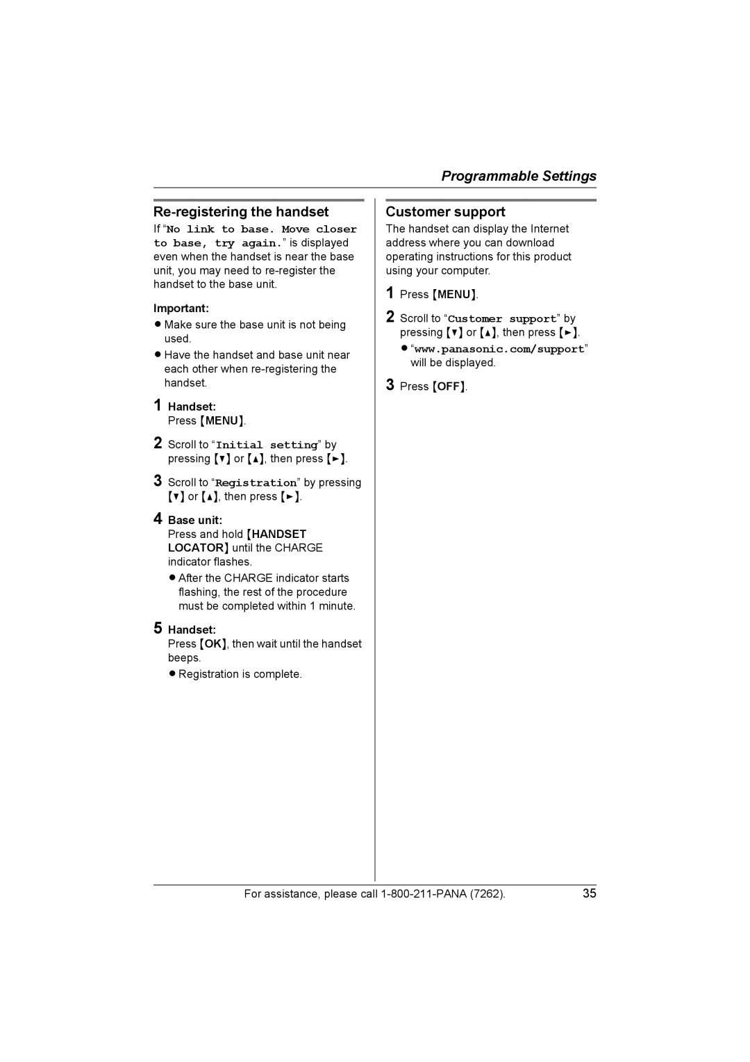 Panasonic KX-TG5428 operating instructions Re-registering the handset, Customer support 