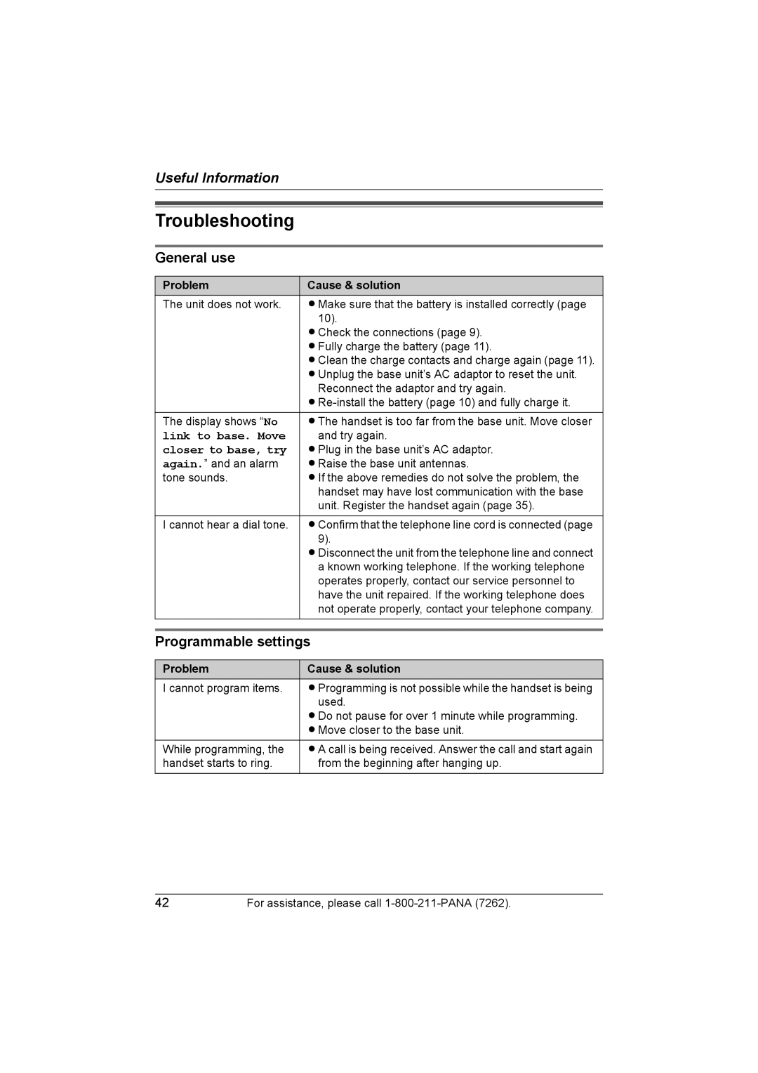 Panasonic KX-TG5428 Troubleshooting, General use, Programmable settings, Link to base. Move, Closer to base, try 