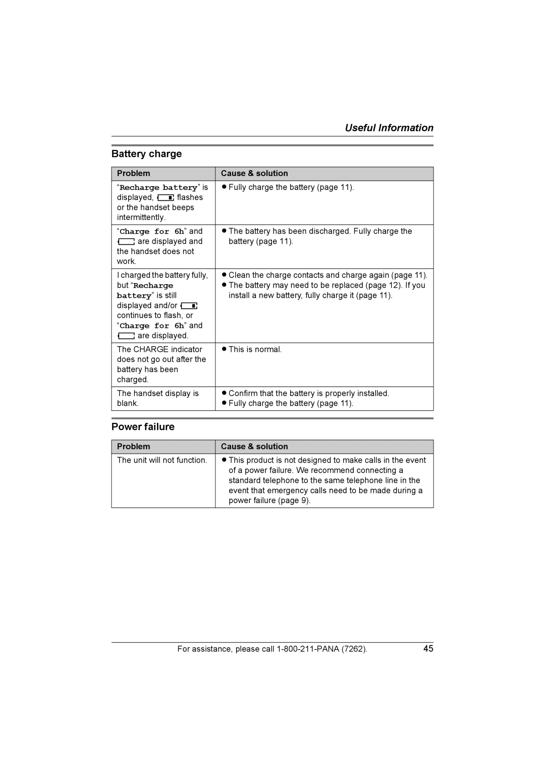 Panasonic KX-TG5428 operating instructions Battery charge, Power failure, Recharge battery is, But Recharge 