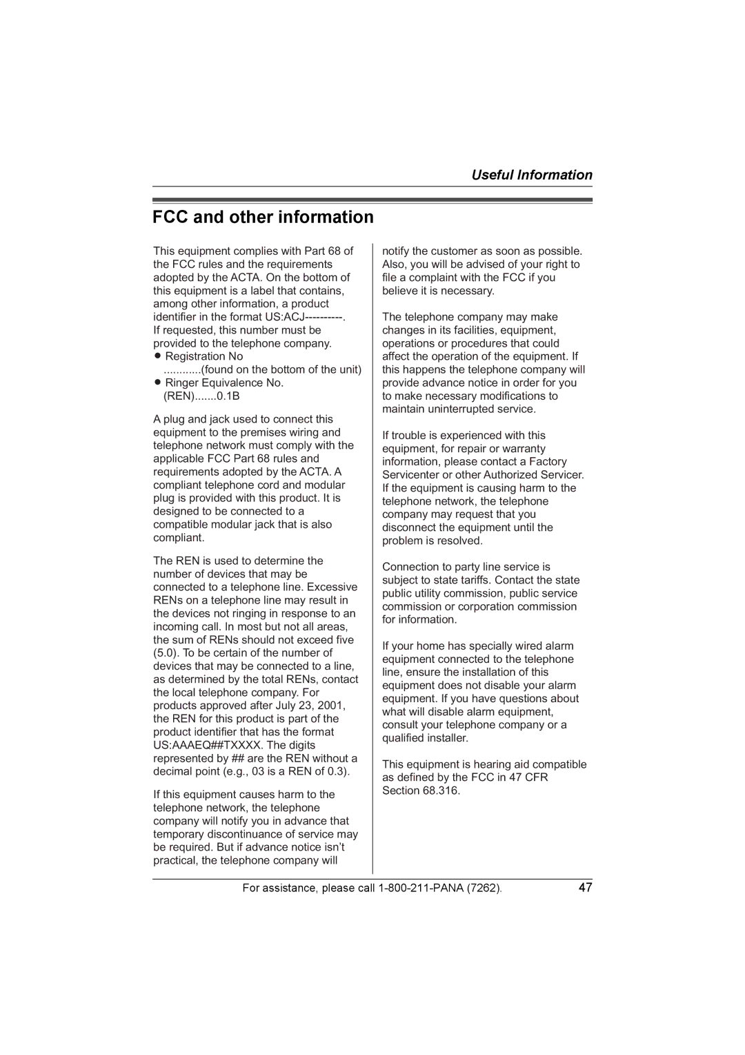 Panasonic KX-TG5428 operating instructions FCC and other information 