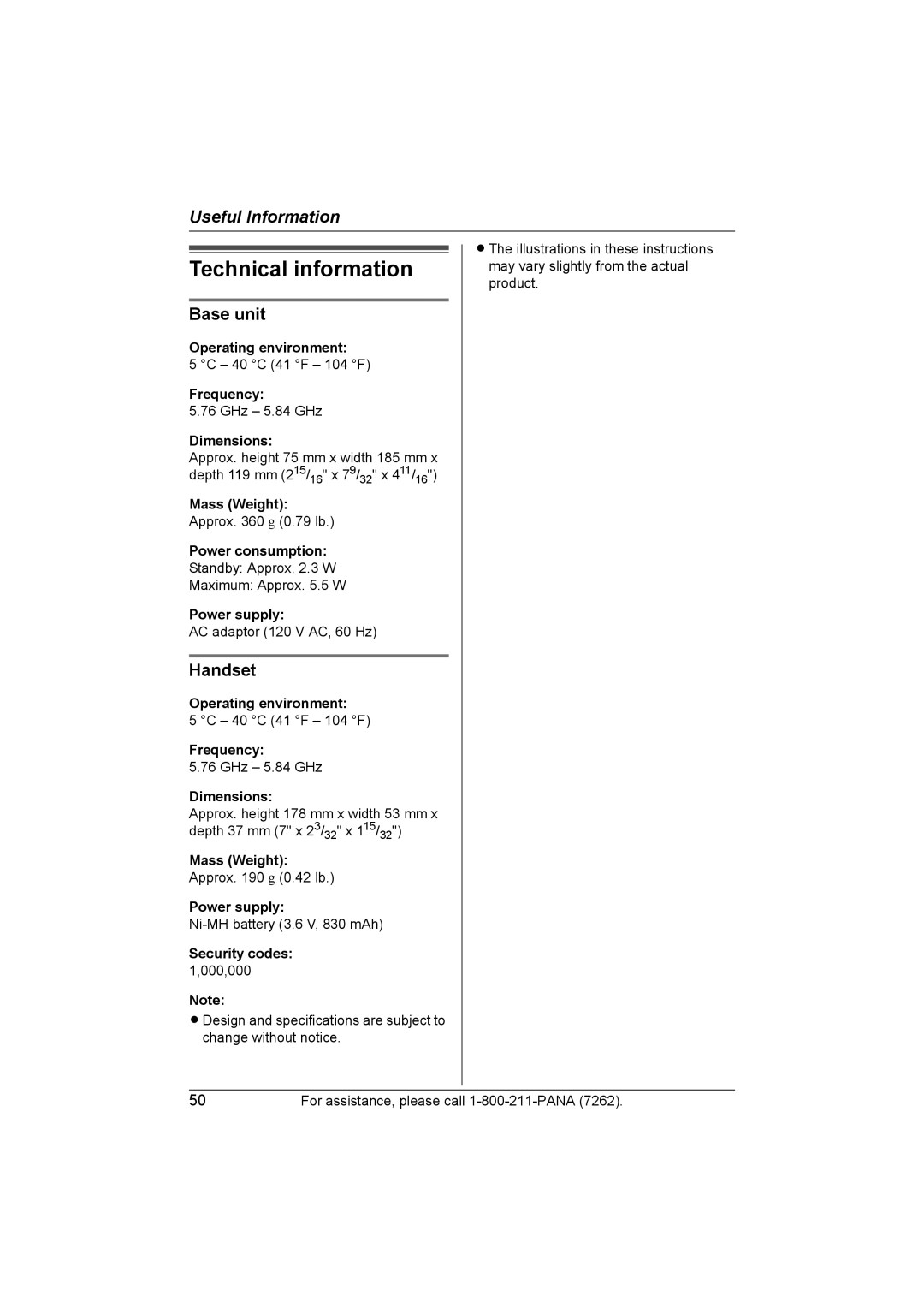 Panasonic KX-TG5428 operating instructions Technical information, Base unit, Handset 