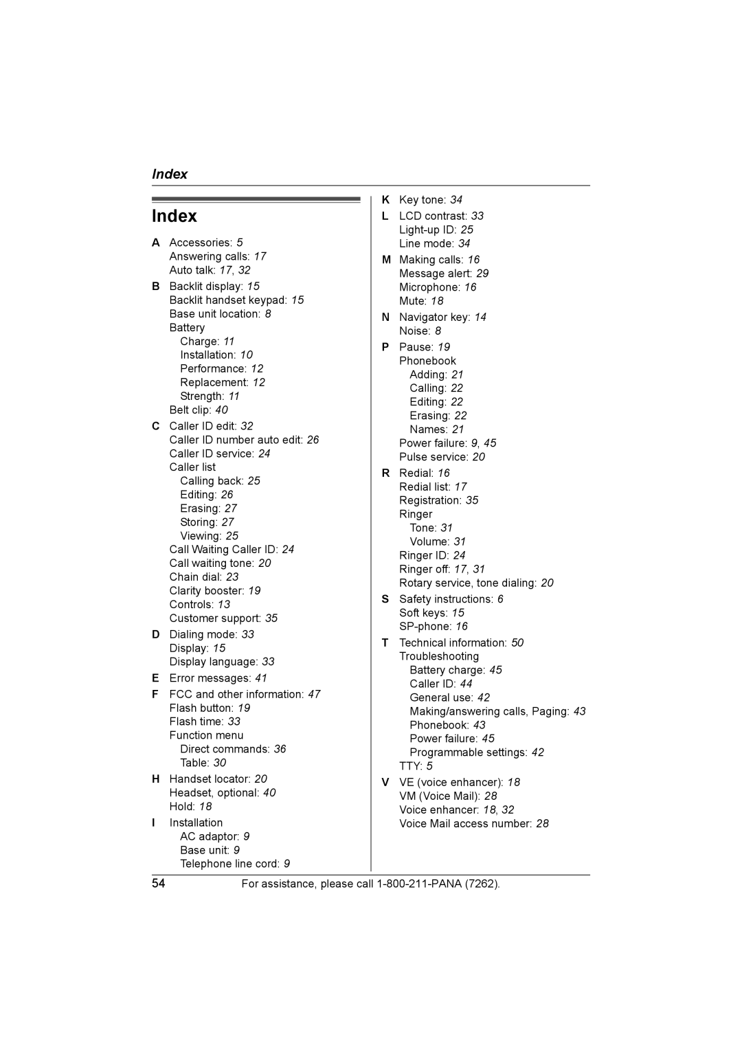 Panasonic KX-TG5428 operating instructions Index 