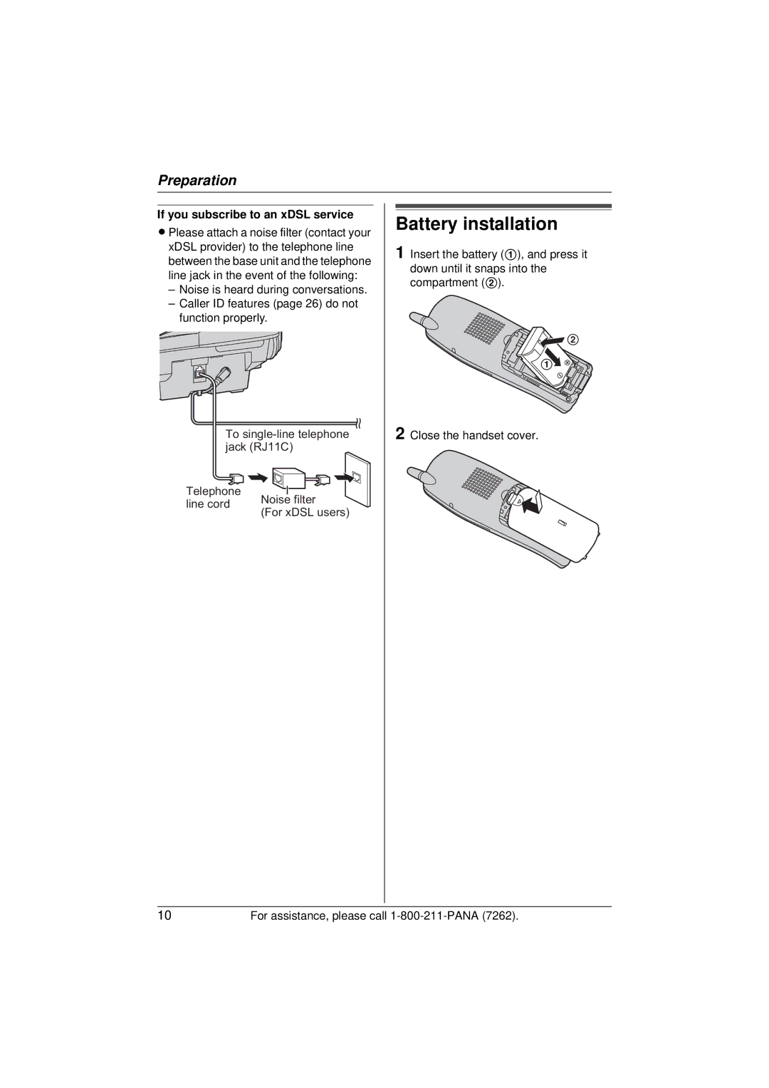 Panasonic KX-TG5433 operating instructions Battery installation, If you subscribe to an xDSL service 