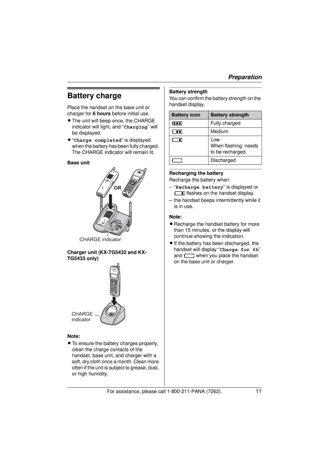 Panasonic KX-TG5433 Battery charge, Charger unit KX-TG5432 and KX- TG5433 only, Battery strength, Recharging the battery 