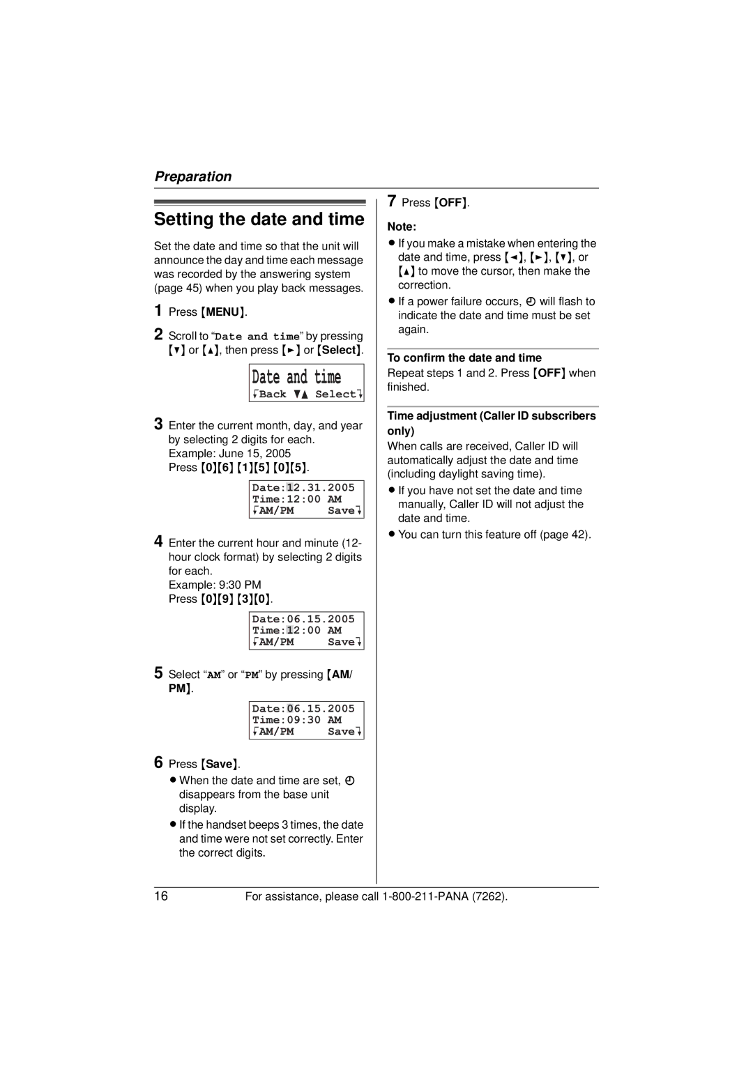 Panasonic KX-TG5433 Setting the date and time, KBack dB SelectL, Date12.31.2005 Time1200 AM KAM/PM SaveL 