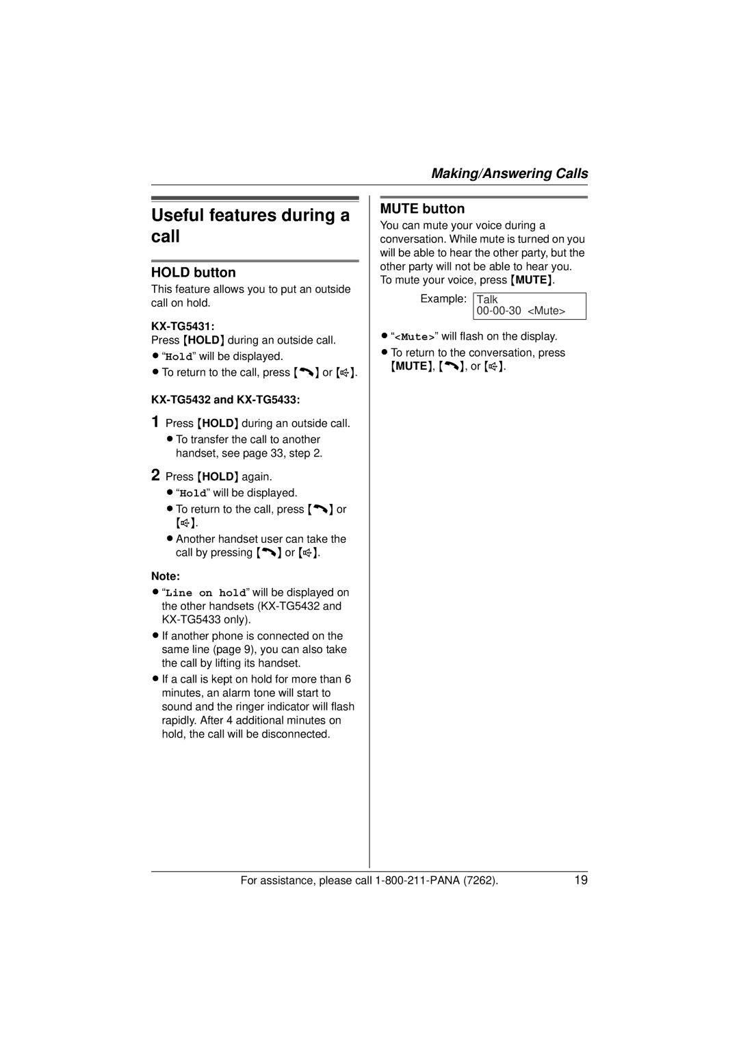 Panasonic KX-TG5433 operating instructions Useful features during a call, Hold button, Mute button 