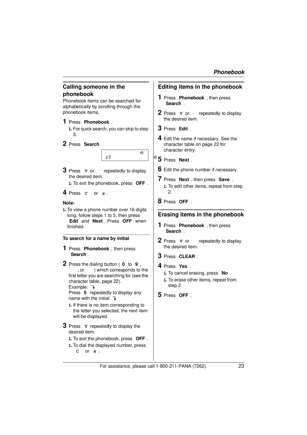 Panasonic KX-TG5433 Calling someone in the phonebook, Editing items in the phonebook, Erasing items in the phonebook 