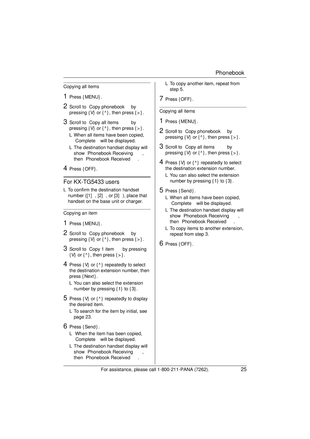 Panasonic operating instructions For KX-TG5433 users, Copying all items 1 Press Menu 