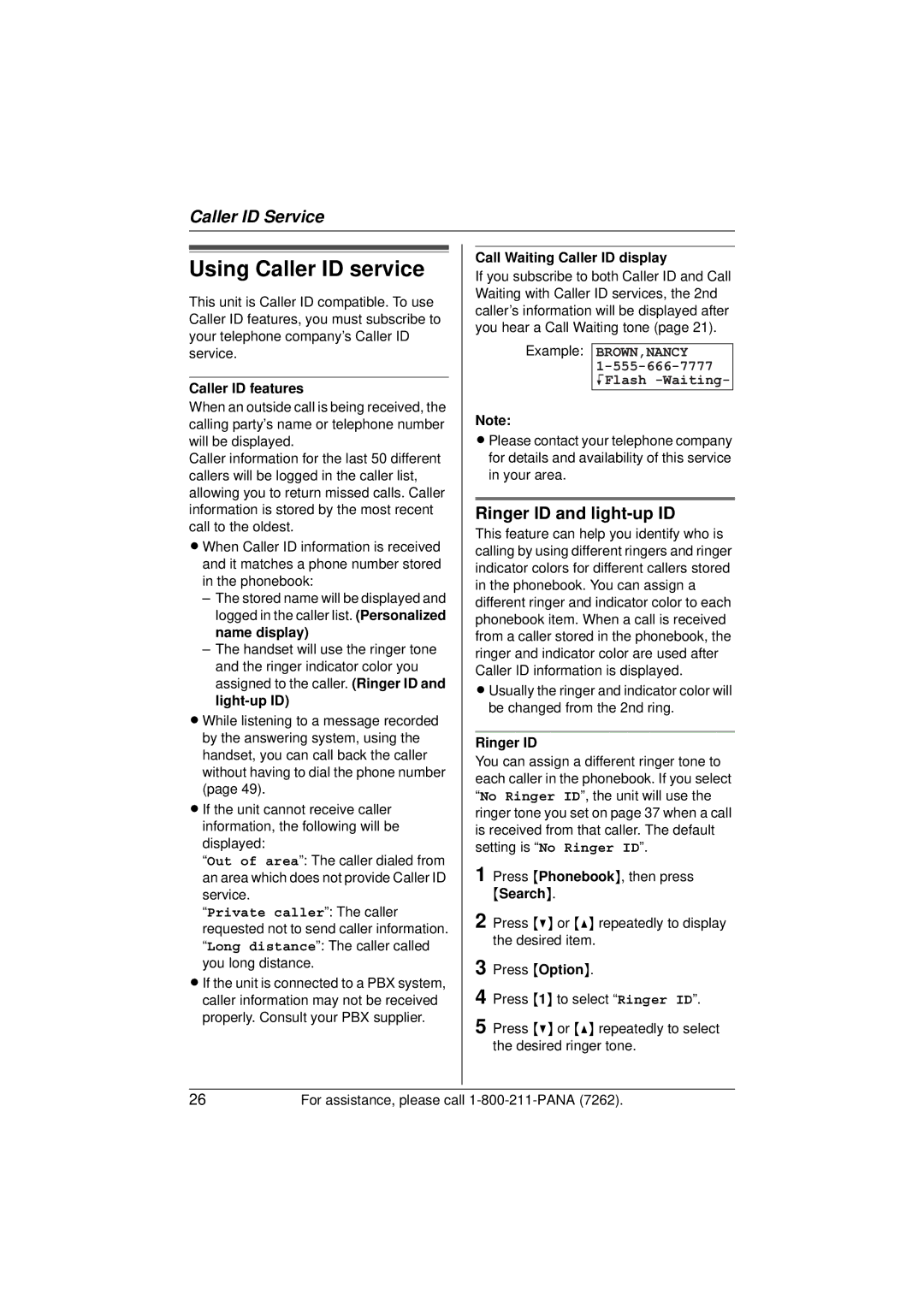 Panasonic KX-TG5433 Using Caller ID service, Ringer ID and light-up ID, Example BROWN,NANCY KFlash -Waiting 